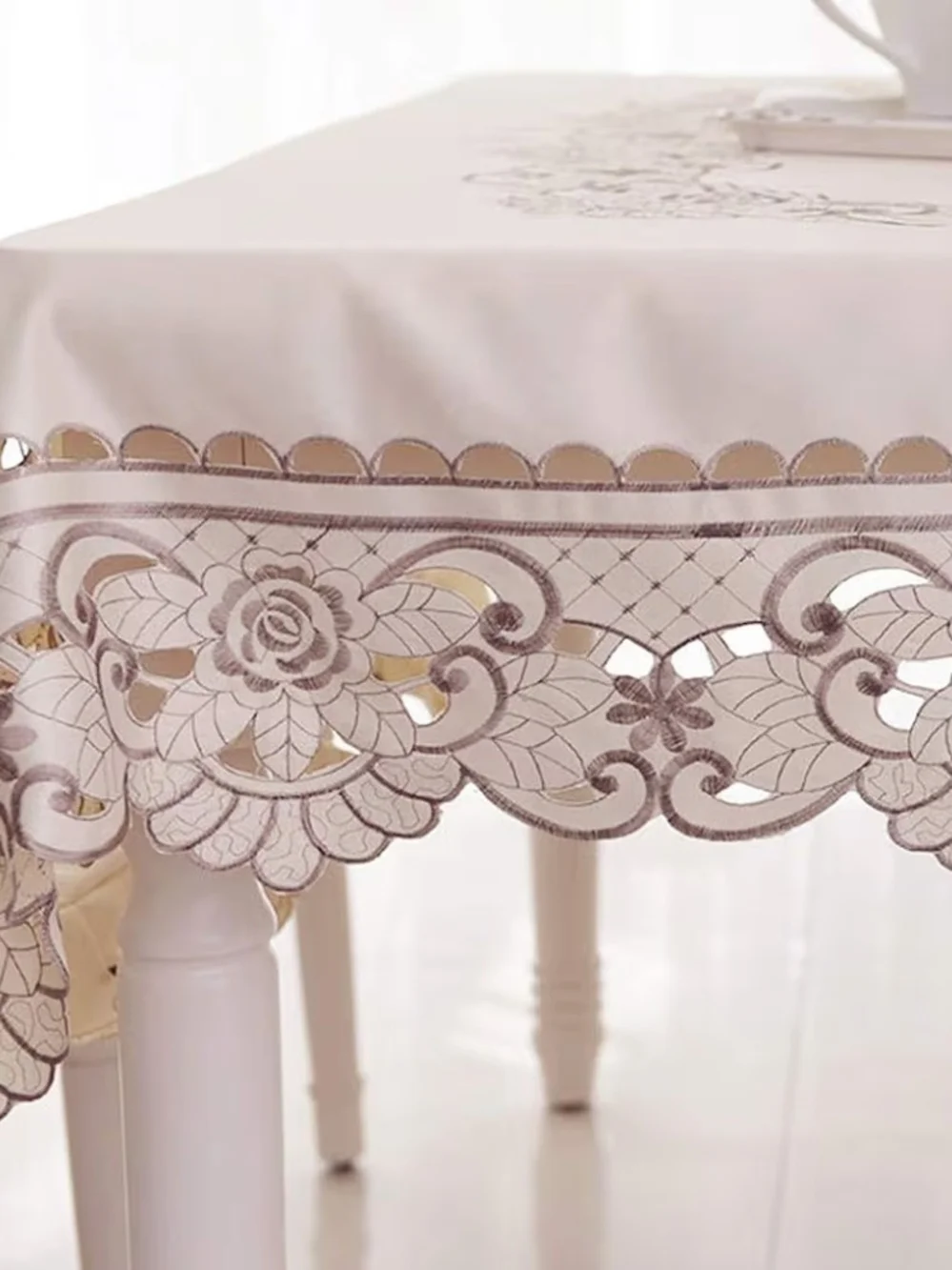 Embroidered Square Lace Tablecloth in Beige with Floral Border 50 Inch